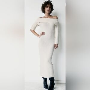 H&M Boucle Knit Off-Shoulder Cream Dress